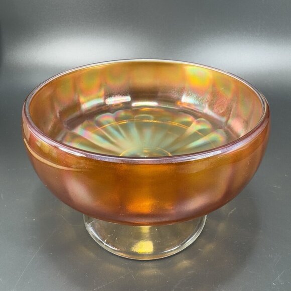 Vintage Carnival Glass Footed Dish Bowl Compote With Iridescent Finish Amber VTG - Picture 8 of 13